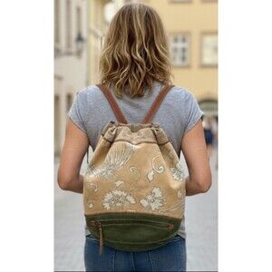 LUCKY Vintage inspired Brown leather Tan Floral Canvas Green Suede Y2K Backpack